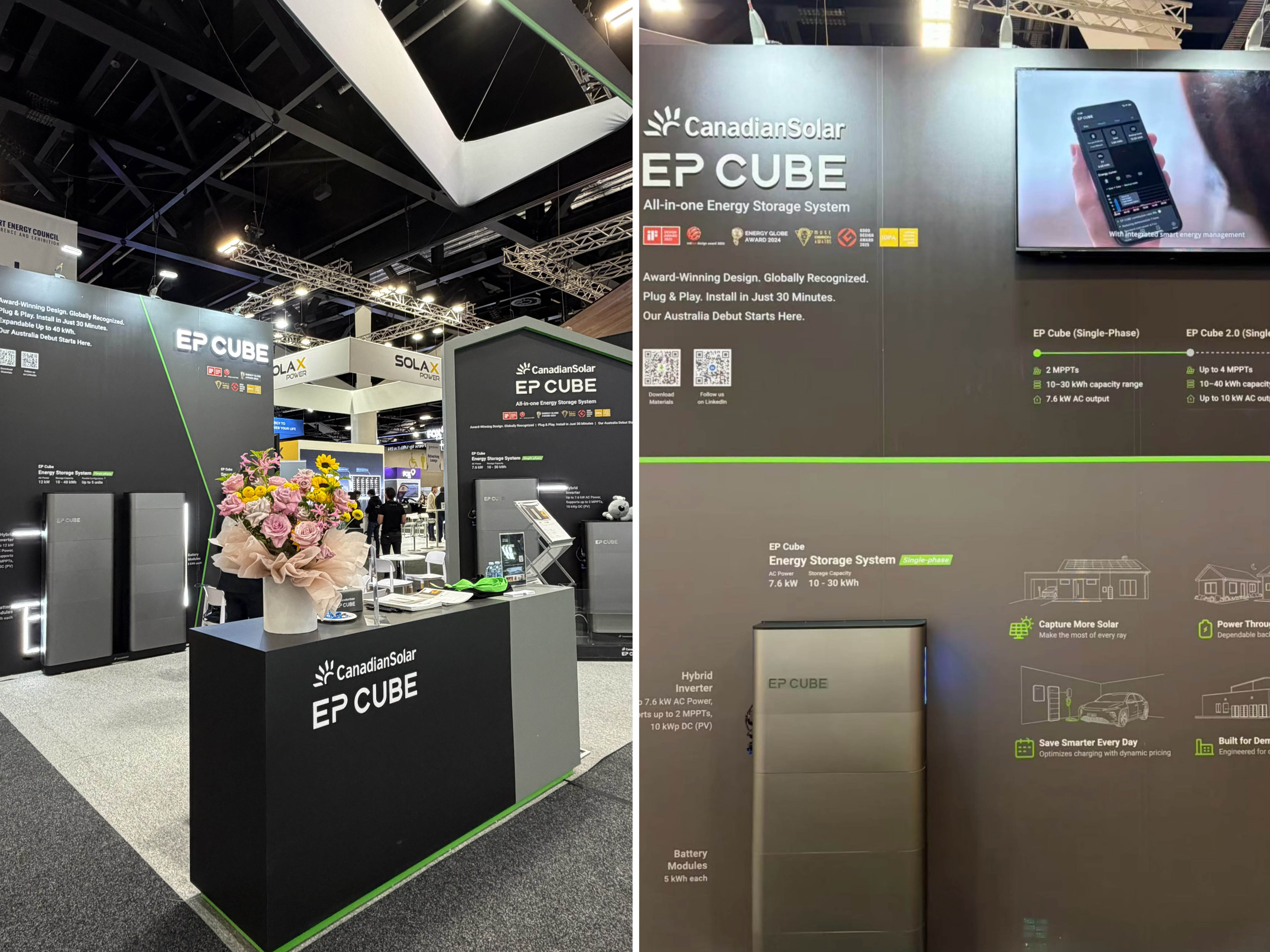 CanadianSolar EP Cube all-in-one energy storage system display showing hybrid inverter and battery modules at the Smart Energy 2026 trade show in Australia